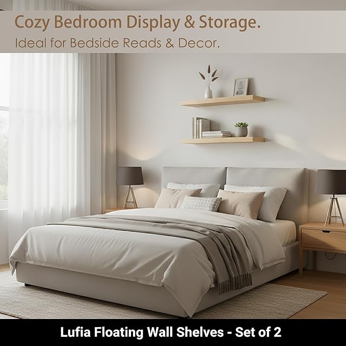 Lufia Floating Wall Shelves, Set of 2, MDF with Invisible Brackets, Modern Storage for Bedroom, Bathroom, Living Room, Kitchen (Oak, 28" W X 7" D X 1.5" H)