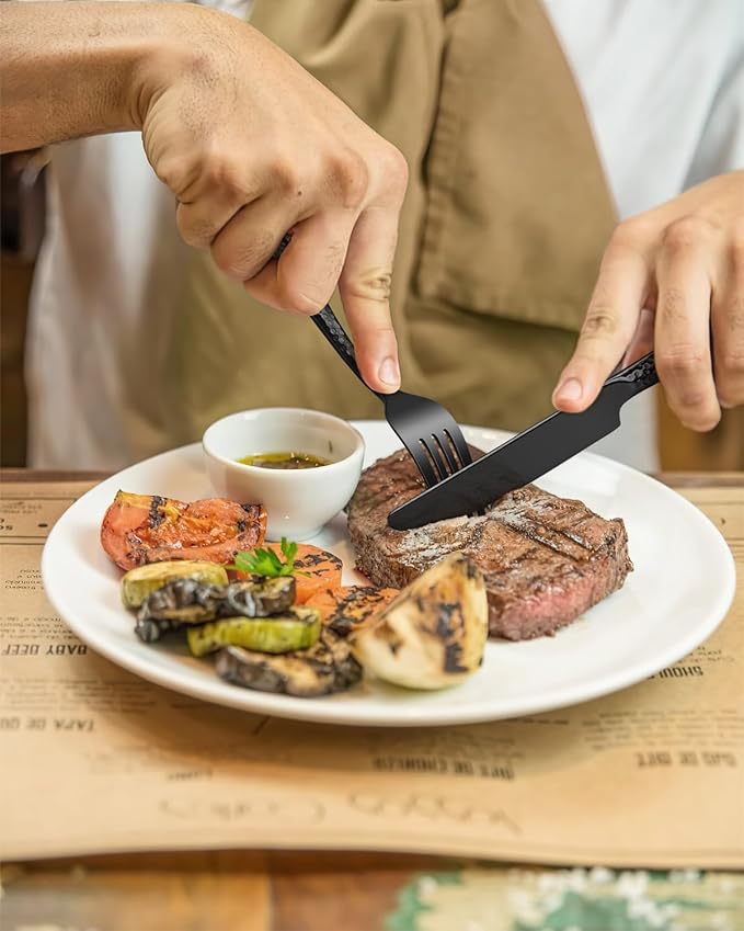 65-Piece Silverware Set with Serving Utensils, Ollex Durable Stainless Steel Black Hammered Flatware Set for 12 with Knives Forks Spoons Large Serving Utensil Set for Home Restaurant, Dishwasher Safe
