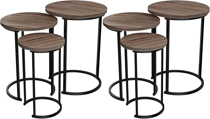 Lavish Home 6-Piece Nesting Tables – Set of 6 Round Side Tables with Woodgrain-Look Tops and Black Metal Frames – Modern Accent & End Table Set for Living Room, Bedroom, or Home Office (Gray/Brown)