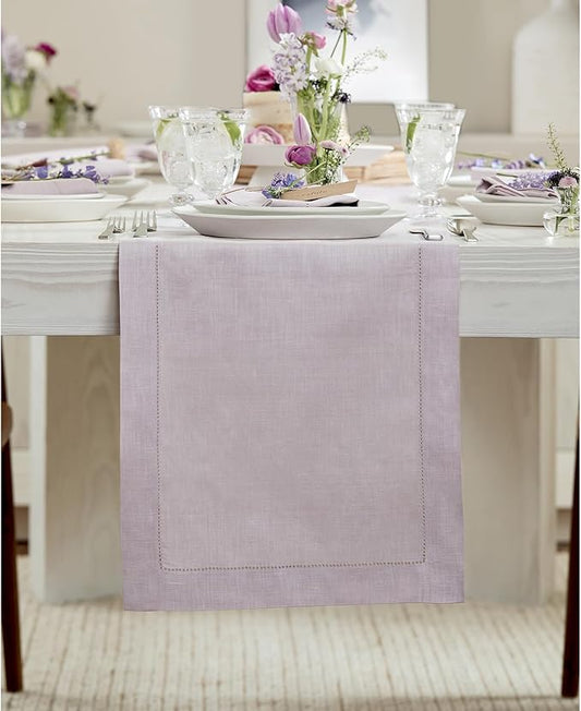 Solino Home Linen Lilac Table Runner 132 Inches Long - 100% Pure Linen Extra Long Table Runner 14 x 132 Inch for Fall, Autumn, Thanksgiving, Christmas - Classic Hemstitch