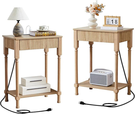 23.6” Large End Table with Charging Station, Set of 2, Modern Farmhouse Side Table Sofa Tables with Fluted Drawer, Wooden Bedside Table Night Stand for Bedroom Living Room Home Office,Natural
