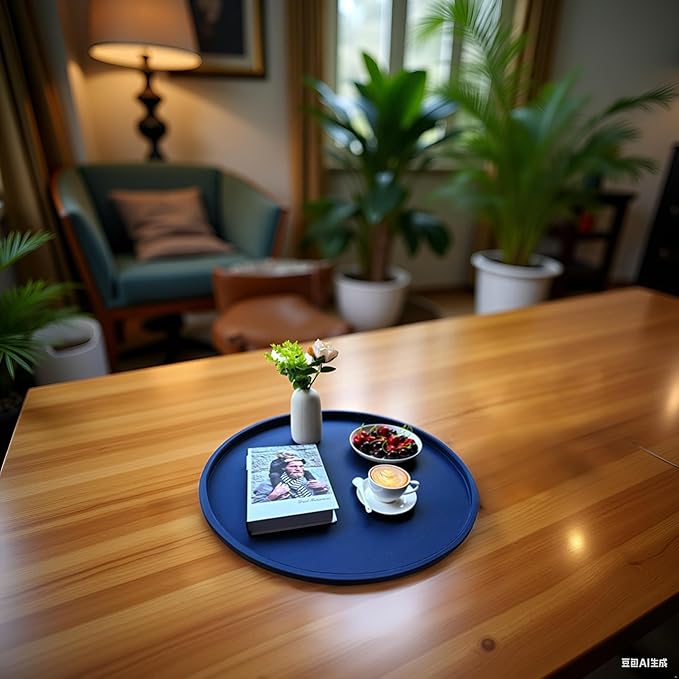 25-inch Round Ottoman Serving Tray - Textured PU Leather Coffee Table Decor, Waterproof Heat-Resistant Large Organizer for Home, Office, Bed & Party Essentials (Navy Blue, 25)