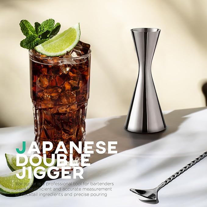 Homestia Jigger for Bartending with 1 Pourer, Stainless Steel Double Jigger Premium Japanese Style Slim Measuring 1 oz 2oz Jigger with Measurements Inside Cocktail Bar Tools for Bartender
