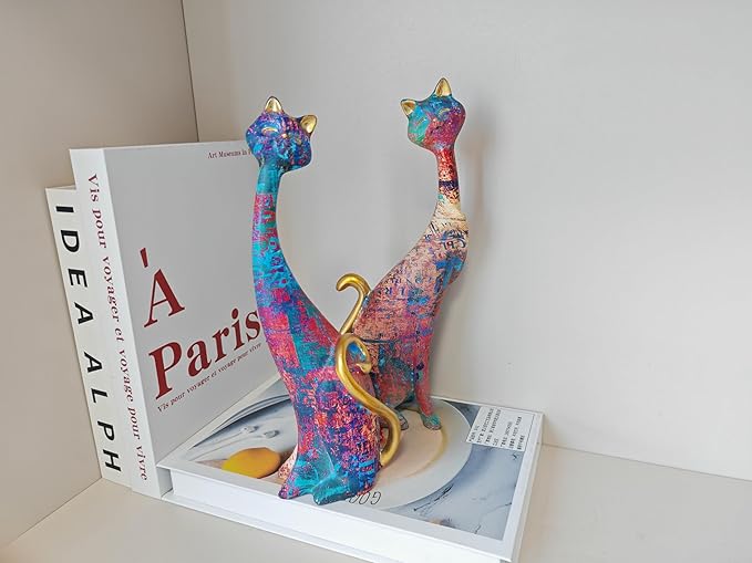 Cat Decor cat Lovers Birthday Gifts for Women Oil Painting Resin cat Art Decorative Sculptures Colorful Cat Statue Home Decor 9.84in 2 pcs