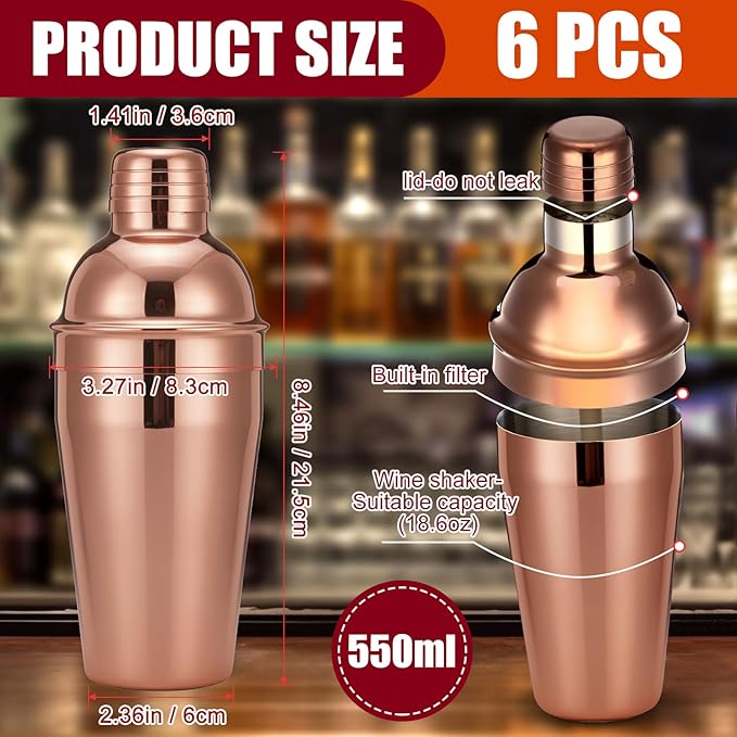 Nitial 6 Pcs Bar Cocktail Shaker Professional Stainless Steel Martini Drink Mixer Built-in Strainer for Bartending No Leaks Shaker for Bar Party Drink Mixer (Rose Gold,18.6 oz)