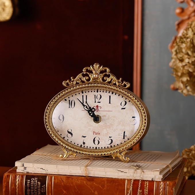 NIKKY HOME Vintage Table Clock, French Turquoise Color Rococo Style Desk Clock Battery Operated Rustic Design, Home Décor for Living Room, Bedroom, Bedside, Desk, Gift Clock - Gold