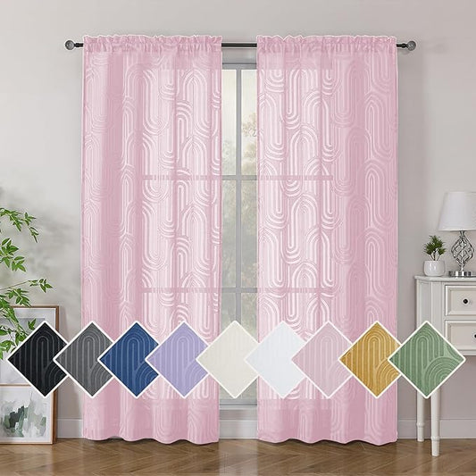 Simplebrand Sheer Blush Pink Curtains 72 Inches Long 2 Panels for Window, Geometric Mid Century Light Filtering Semi Sheer Curtains for Front Back Patio Glass Door with Rod Pocket, 42" Wx72 L