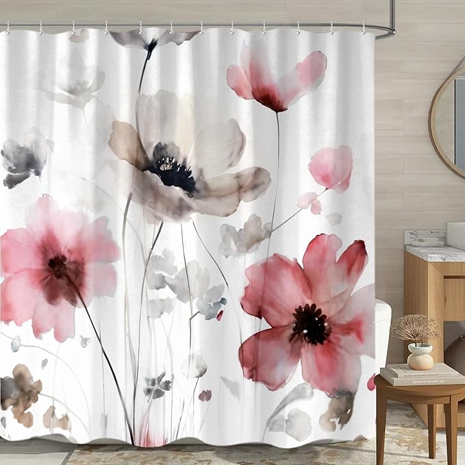 Boho Floral Shower Curtain, Cream Tan Beige Red Grey White Flower Farmhouse Fabric Shower Curtains Set for Bathroom Decorative with Hooks 72 X 72 inch Spring Bath Decor