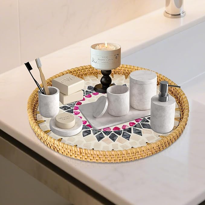 Round Rattan Serving Tray with Mother of Pearl Inlay & Coaster, Boho Wicker Basket, Decorative Coffee Table Tray for Table Decor, Storage and Display of Coffee Bread Fruit (Red Heart Shell)