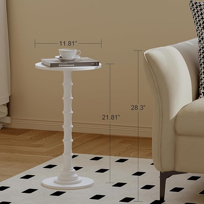 Round Side Table, Modern Drink Table for Small Spaces, Small End Table with Solid Wood Leg for Living Room, Bedroom, Corners, and Office (White)