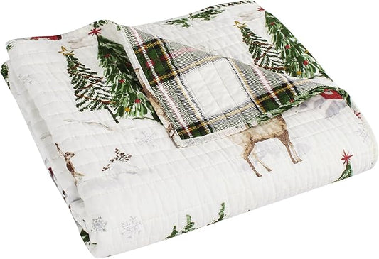 Levtex Home - Tatum Pines Throw - Christmas Cabin - Red, Green, Brown and White - Holiday Quilted Throw Size 50x60in. - Cotton