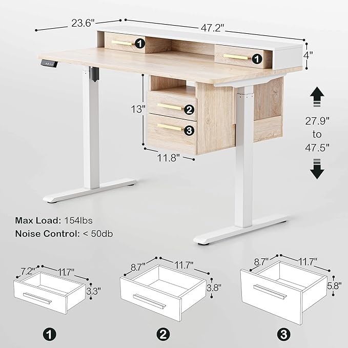 Standing Desk with 4 Drawers, 47.2 x 23.6 Inch Whole Piece Height Adjustable Electric Sit Stand Desk, Computer Home Office Workstation with Open Storage Shelf, Light Walnut