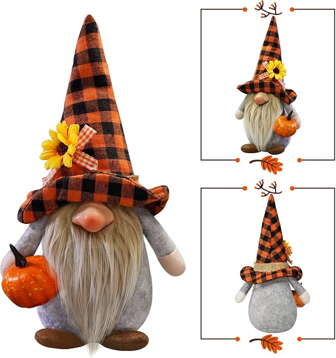 CRCZK Fall Gnomes Plush Decor, 2Pack Thanksgiving Buffalo Plaid Gnome Plush Tomte Swedish Gnomes with Pumpkin Corn Sunflower, Fall Harvest Gnomes Decor Thanksgiving Autumn Holiday Home Decor Gifts
