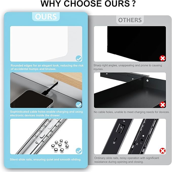 20.1 inch Under Desk Drawer, Pull-Out Storage Organizer with Full Extension Ball-Bearing Slides, Carbon Steel Undermount Drawer for Home Office Standing Desk