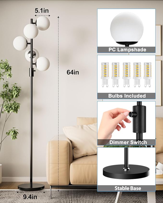 64IN Dimmable Black Floor Lamp, Tall Standing Lamps with 5 Globe Soft Warm White Eye Care 3000K G9 Bulbs, Mid Century Modern Floor Lamp for Living Room Bedroom Office