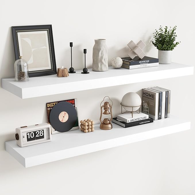 Floating Shelves for Wall with Invisible Brackets, Wall Mounted Engineered Wood Shelves with Wood Grain for Living Room, Bedroom, Bathroom, Kitchen Decor and Storage, Oak, 55"L Set of 2, White