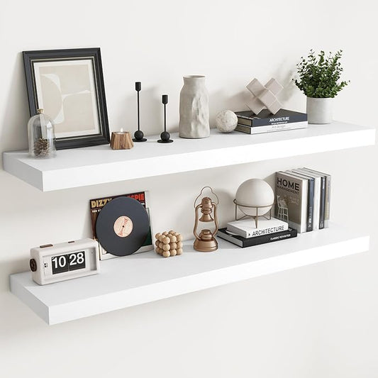 Floating Shelves for Wall with Invisible Brackets, Wall Mounted Engineered Wood Shelves with Wood Grain for Living Room, Bedroom, Bathroom, Kitchen Decor and Storage, Oak, 55"L Set of 2, White