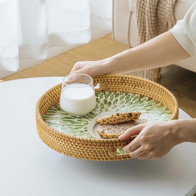 13.8 in Round Rattan Serving Tray with Handle, Mother of Pearl Inlay Wooden Base, Decorative Wicker for Table, Kitchen Island & Home Decor (Green Leaf)
