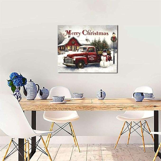 Christmas Pick-Up Truck Wall Art Christmas Tree Canvas Wall Decor Farm Barn Pictures Paintings Prints Snowman Artwork Framed Winter Holidays Decorations For Bathroom Bedroom Living Room Office Gifts 20" x 16"