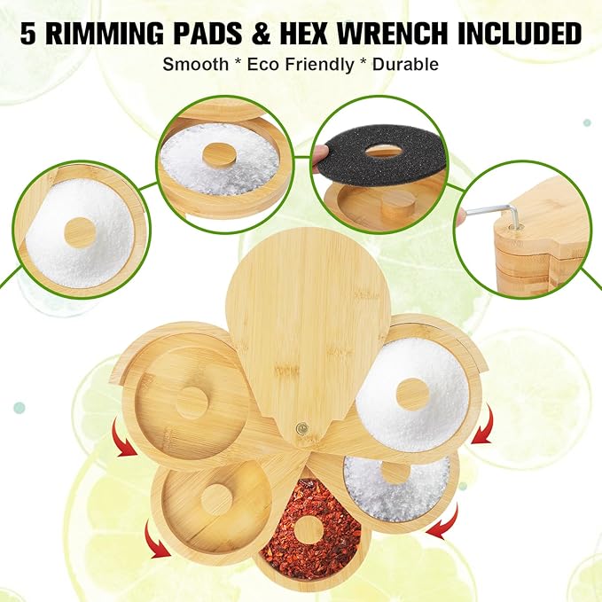 Bamboo 5-Tier Margarita Salt Rimmer Set with Swivel Lids & 5 Sponges – Cocktail Glass Rimmer for Home Bar, Bartender & Party Drinks, Eco-Friendly Design