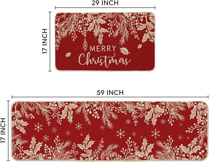 Artoid Mode Holly Pine Branches Leaves Merry Christmas Kitchen Mats Set of 2, Winter Decor Low-Profile Kitchen Rugs for Floor - 17x29 and 17x59 Inch