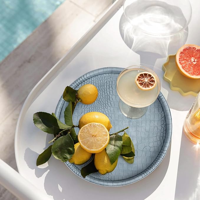 HofferRuffer Faux Leather Round Serving Tray, Vegan Croco Leather Decorative Tray, Food Tray for Storage Drinks, Snack & Cosmetics, Dia.12'' x 1.6'' (LightBlue)