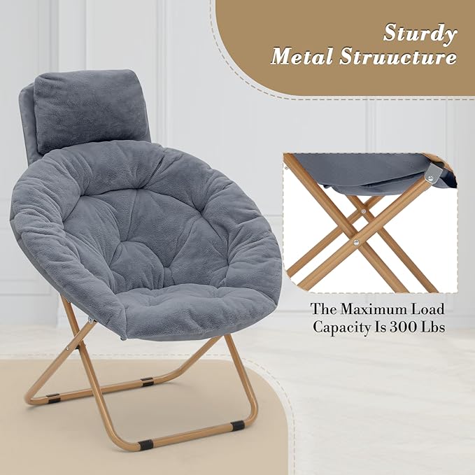 Athena Collection Comfy Saucer Chair with Headrest Oversize Round Cozy Chair Folding Chair Faux Fur Metal Frame Foldable Reading Chair Accent Chair for Bedroom Living Room Set of 2, Grey