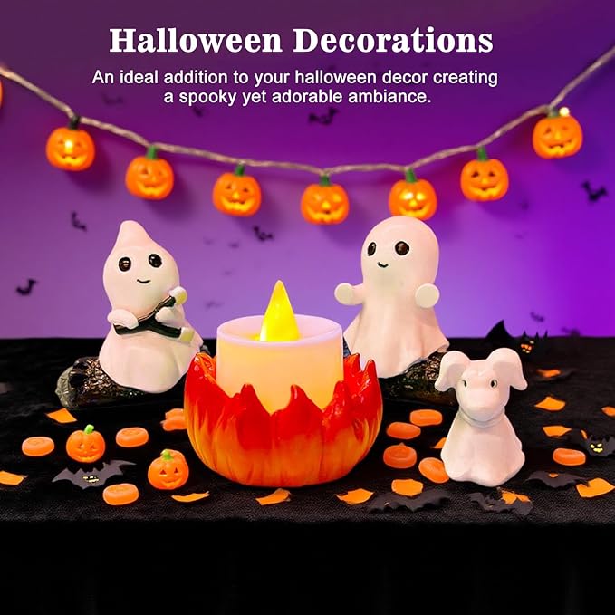 2025 Ghost Campfire Nightlight, Cute Halloween Ghost Figurine, Spooky Ghost Halloween Decorations, Adorable Halloween Decor Indoor for Home Mantel Tabletop Party (with Dog)
