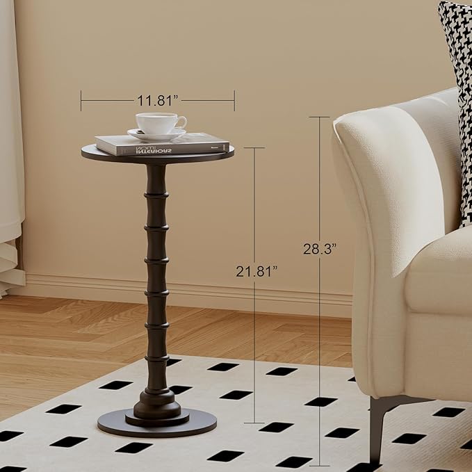 Round Side Table, Modern Drink Table for Small Spaces, Small End Table with Solid Wood Leg for Living Room, Bedroom, Corners, and Office (Black)