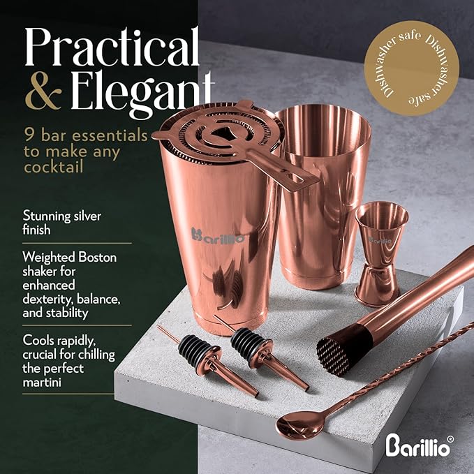 Barillio Rose Gold Boston Shaker Set - Stainless-Steel, Weighted Martini Cocktail Shaker Set w/Strainer & Mixer - Mixology Bartender Kit - Bar Set for The Home - 9-pc Drink Shaker Set - Bar Tools