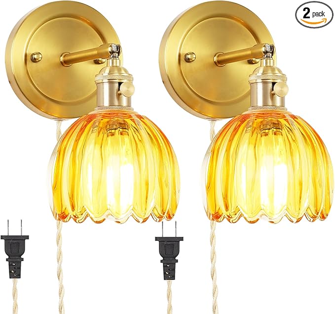 Plug in Vintage Wall Sconces Set of Two, 180 Degree Adjustable Brass Vanity Lights Fixture with Amber Tulip Glass Lampshade, Modern Wall Lighting for Bedside Bedroom Bathroom