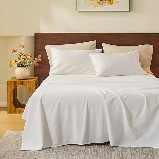 MEISHANG 100% French Pure Linen Sheets Queen Size - Bed Sheets 4 Piece Sets, Soft Durable Flax Linen, Anti-Tear Breathable Oeko-Tex Certified with 16" Deep Pocket (White)
