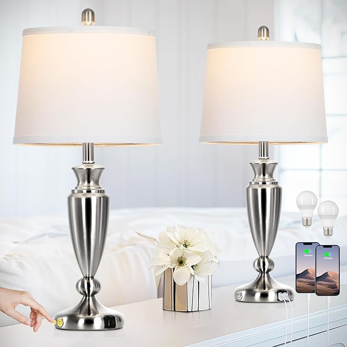 Metal Table Lamps Set of 2, 3 Way Touch Control Silver Bedside Lamps with USB A+C Ports, Modern Brushed Nickel Nightstand Lamps for Bedroom Living Room