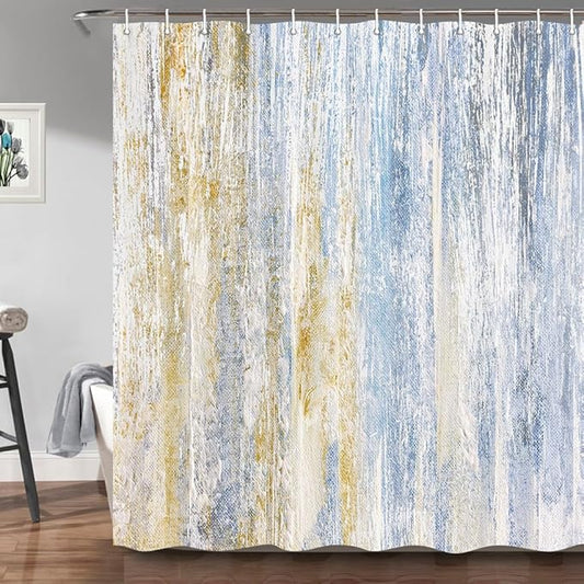 JAWO Abstract Shower Curtain,Modern Aesthetic Abstract Stripe Shower Curtain Set, Yellow Blue Grey Contemporary Abstract Painting Fabric Shower Curtains
