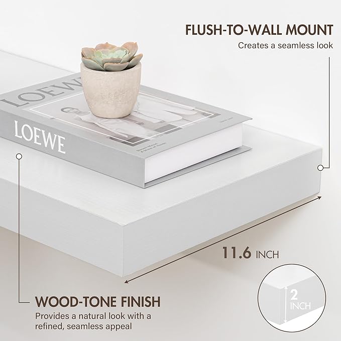 48 Inch Floating Shelves, 12" Deep Floating Shelf Wall Mounted, 48" Wall Shelves, Rustic Deep Bookshelf, Extra Deeper & Thicker Display Shelves for Bedroom, Living Room, White, Set of 2
