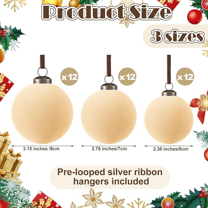 36 Pcs Velvet Christmas Balls Bulk - Flocked Christmas Tree Ball Ornaments Hanging Decoration for Xmas Tree, Wreath, Home or Party Decorations, 2.36", 2.76", 3.15"(Champagne)