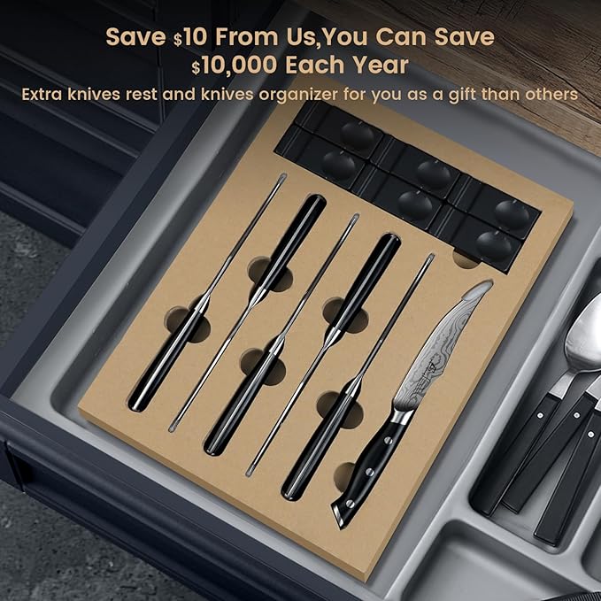 Steak Knives Set of 6, 4.8 Inch Non Serrated Razor-Sharp Durable Dinner knives with Rest, German Stainless Steel Damascus Pattern Full Tang Forged, Rust Resistant & Easy to Maintain