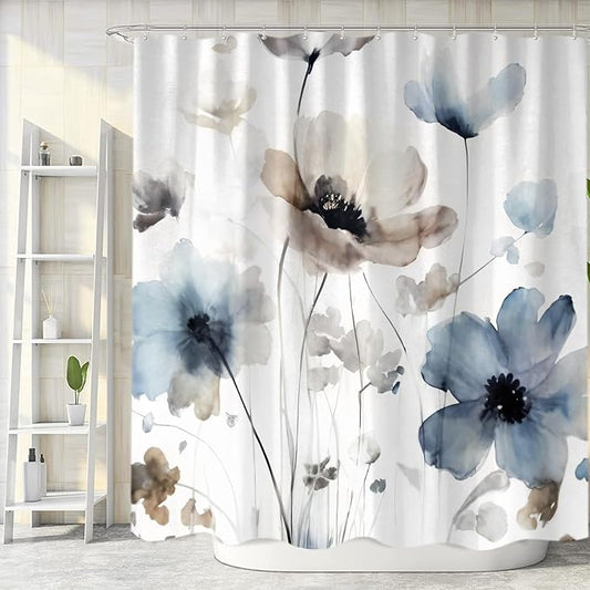 Sanzugh Boho Floral Long Shower Curtain, Cream Tan Beige Blue Grey White Watercolor Flower Fabric Shower Curtains Set for Bathroom Decoration with Hooks 72 X 78 inch Cute Farmhouse Bath Decor
