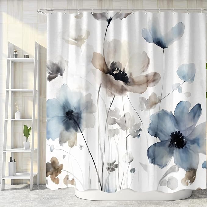 Sanzugh Boho Floral Extra Long Shower Curtain, Cute Cream Tan Beige Blue Grey White Watercolor Flower Fabric Shower Curtains Set for Bathroom Decoration with Hooks 72 X 96 inch Farmhouse Bath Decor