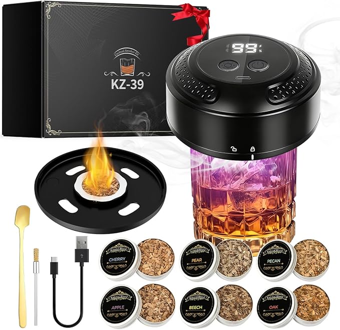 Whiskey Smoker Kit, Electric Cocktail Kit with 6 Flavors Wood Chips Old Fashioned Drink Smokers Infuser Set Anniversary Birthday Christmas Bourbon Gifts for Men Dad Husband (NO Butane Needed)