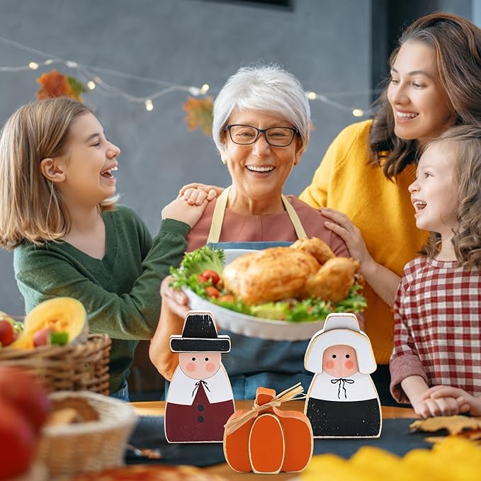 3 Pcs Fall Thanksgiving Decorations Wooden Pumpkin Pilgrim Couple Table Sign Harvest Standing Tabletop Signs for Thanksgiving Fall Home Indoor Decor