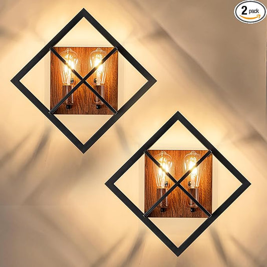 Farmhouse Wall Sconce with Black Finish & Wood Grain, Set of 2 Rustic Wall Sconces Indoor Wall Light Fixtures 17.8in for Stairway, Living Room, Bedroom, Bathroom (2 Light,E26 Base, No Bulbs)