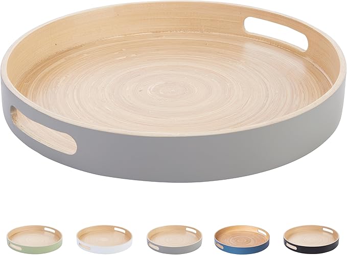 Spun Bamboo Round Wooden Tray, Gray, 13.75 Inches