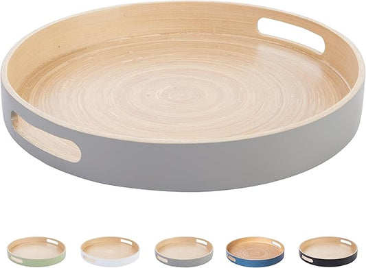 Spun Bamboo Round Wooden Tray, Gray, 13.75 Inches