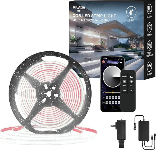 IP67 COB LED Strip Light 20FT/6M Outdoor Led Strip Lights Waterproof 6500K CRI90+ Flexible 24V Remote & App Control Dimmable Water Proof Led Light Strips for Kitchen Terraces Patio Garden