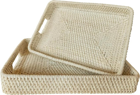 White Wash Rectangular Wicker Serving Tray | Set of 2 | Handmade Woven Rattan Storage Basket | Decorative Coffee Tabletop Tray - (L- 15.4"" x2.4 M- 13.7"" x 2"")