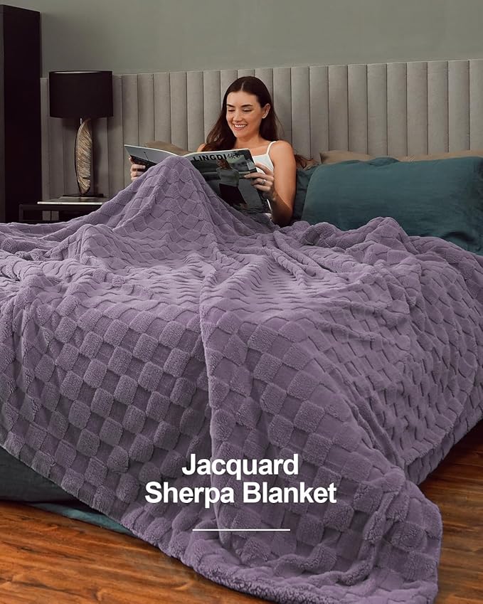 Pawque Super Soft Cozy Throw Blanket Queen Size for Couch Bed, Fluffy Sherpa Fleece Reversible Thick Warm Fuzzy Blanket for All-Season, 3D Checkered Jacquard Decorative Blankets, Purple, 90"x90"
