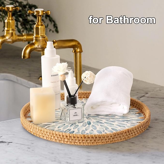 Round Rattan Tray with Mother of Pearl Inlay, Rattan Serving Tray for Coffee, Bread, Fruits, Decorative Wicker Tray for Table Decor, Home Decor, Kitchen Island Decor (Light Blue Leaf, 11.8")