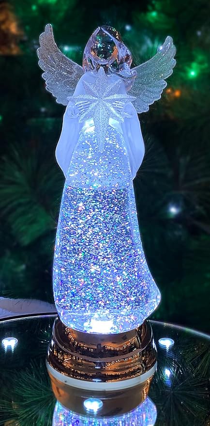 Christmas Tabletop Decor, Snow Globe Water Spinning LED Lighted Angel, Battery Operated (not Included) (12.8" H x 4.5" W x 4.5" D) by Moments in Time