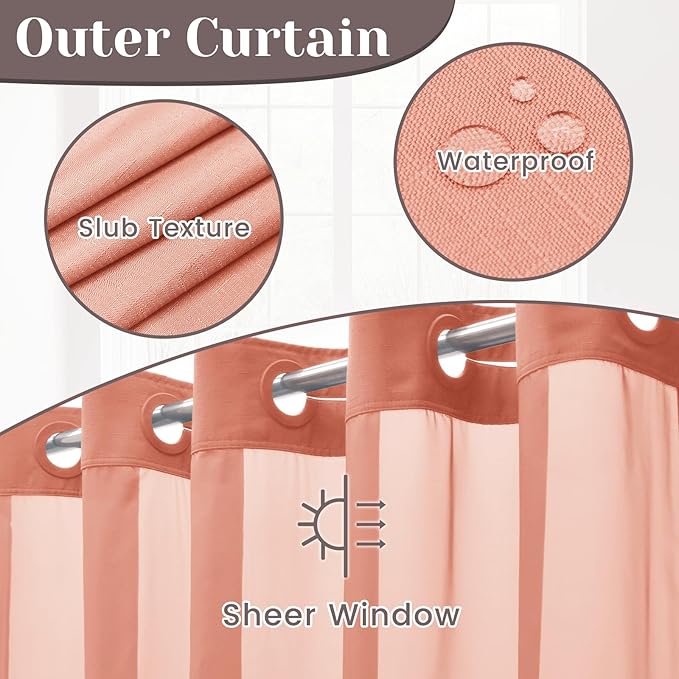 No Hook Slub Textured Shower Curtain with Snap in Liner - Coral Fabric Outer Curtain & Waterproof Inner Liner, Hotel Style with See Through Top Window, 71x74 in